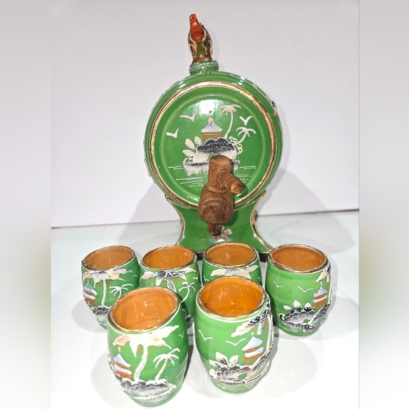 Other - 7 Pcs Moriyama Mori-Machi Japan Porcelain Sake Decanter Barrel & Cups 1926-1929